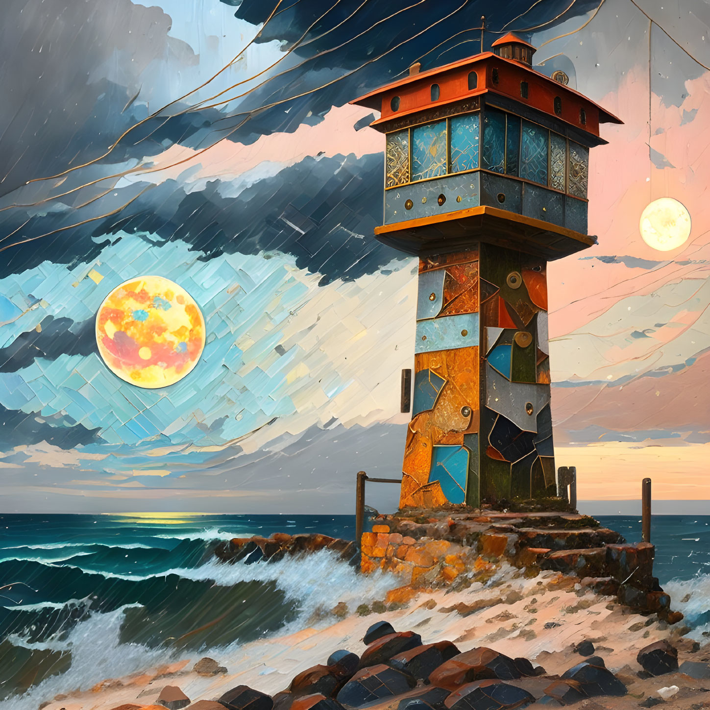 Colorful lighthouse painting under starry sky with two moons