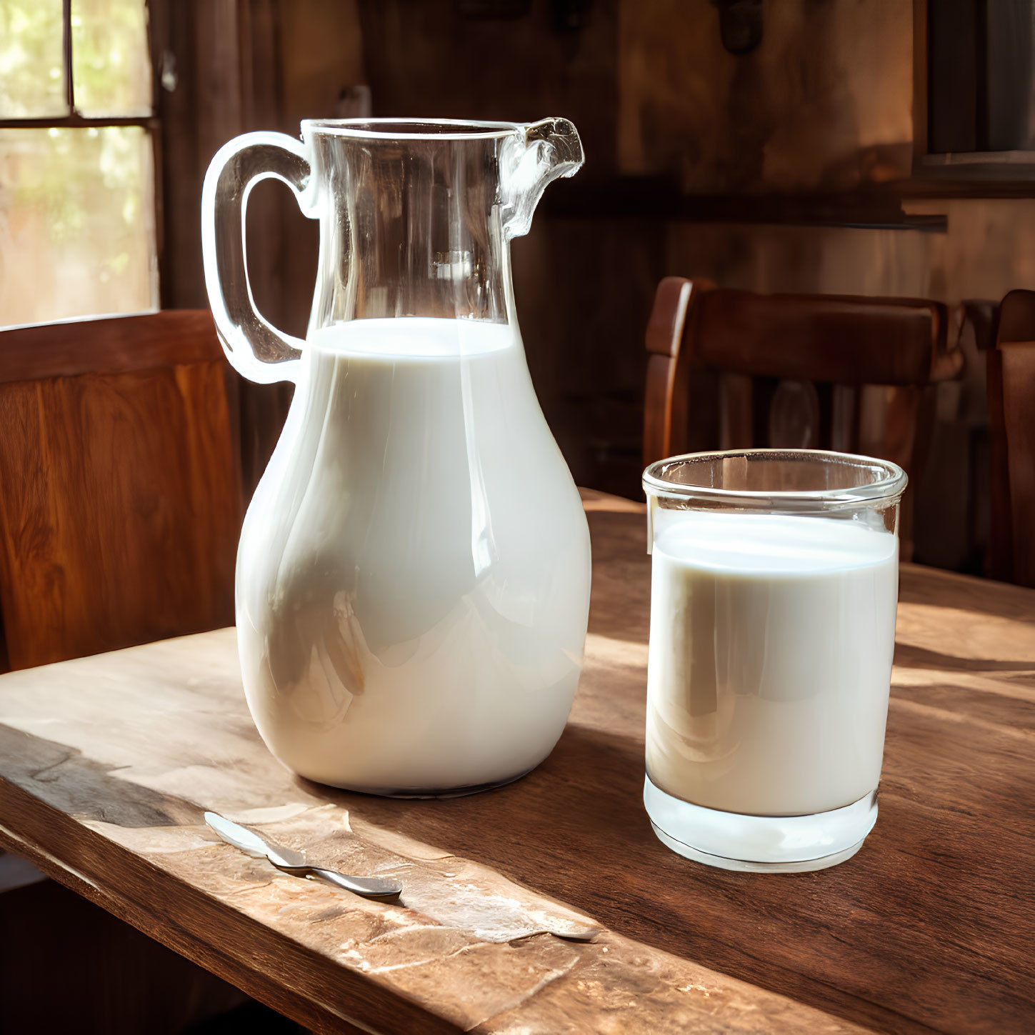 Glass of Milk and Full Jug on Wooden Table in Sunlight