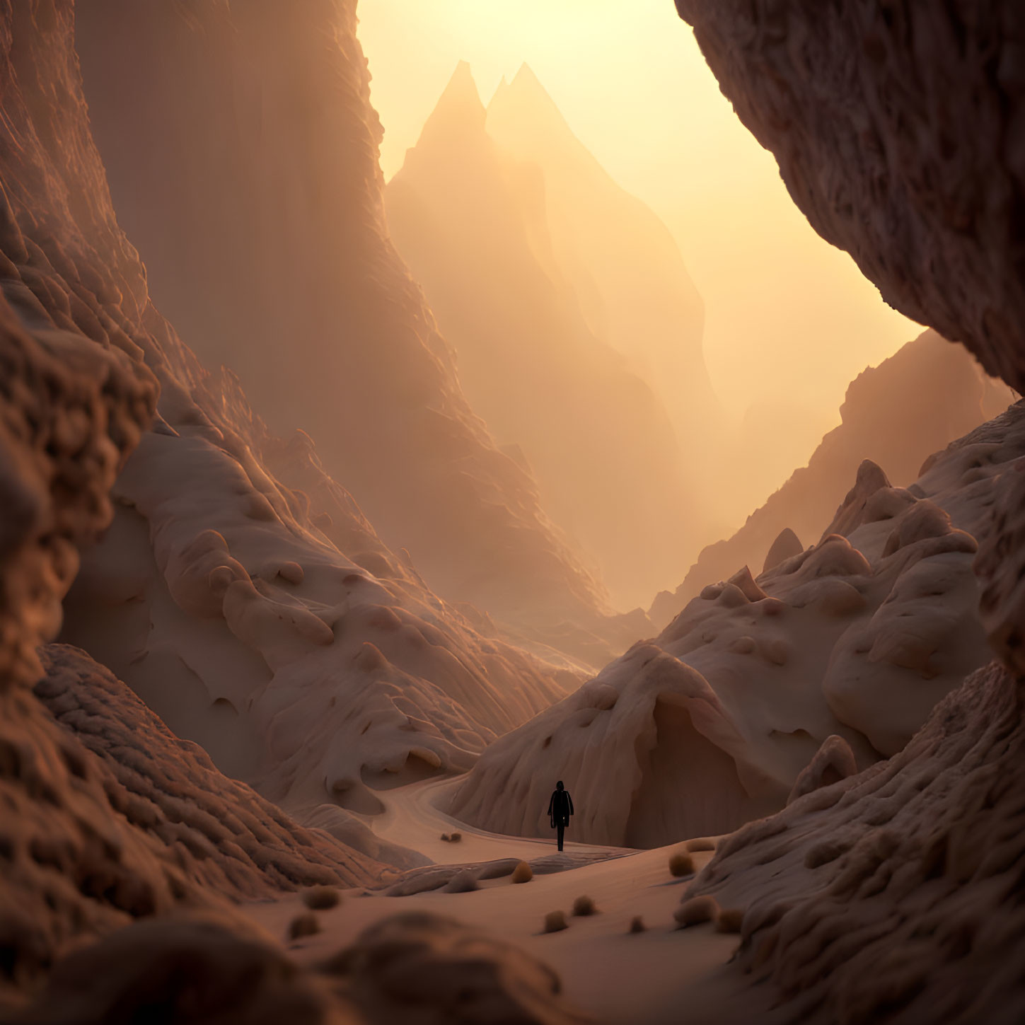 Desert canyon landscape with lone figure under golden light