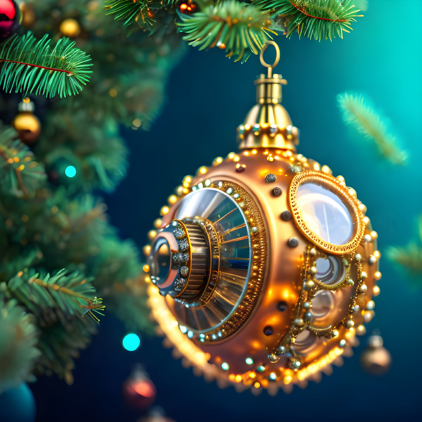 Steampunk-style gear and lens ornament on Christmas tree with bokeh lights.