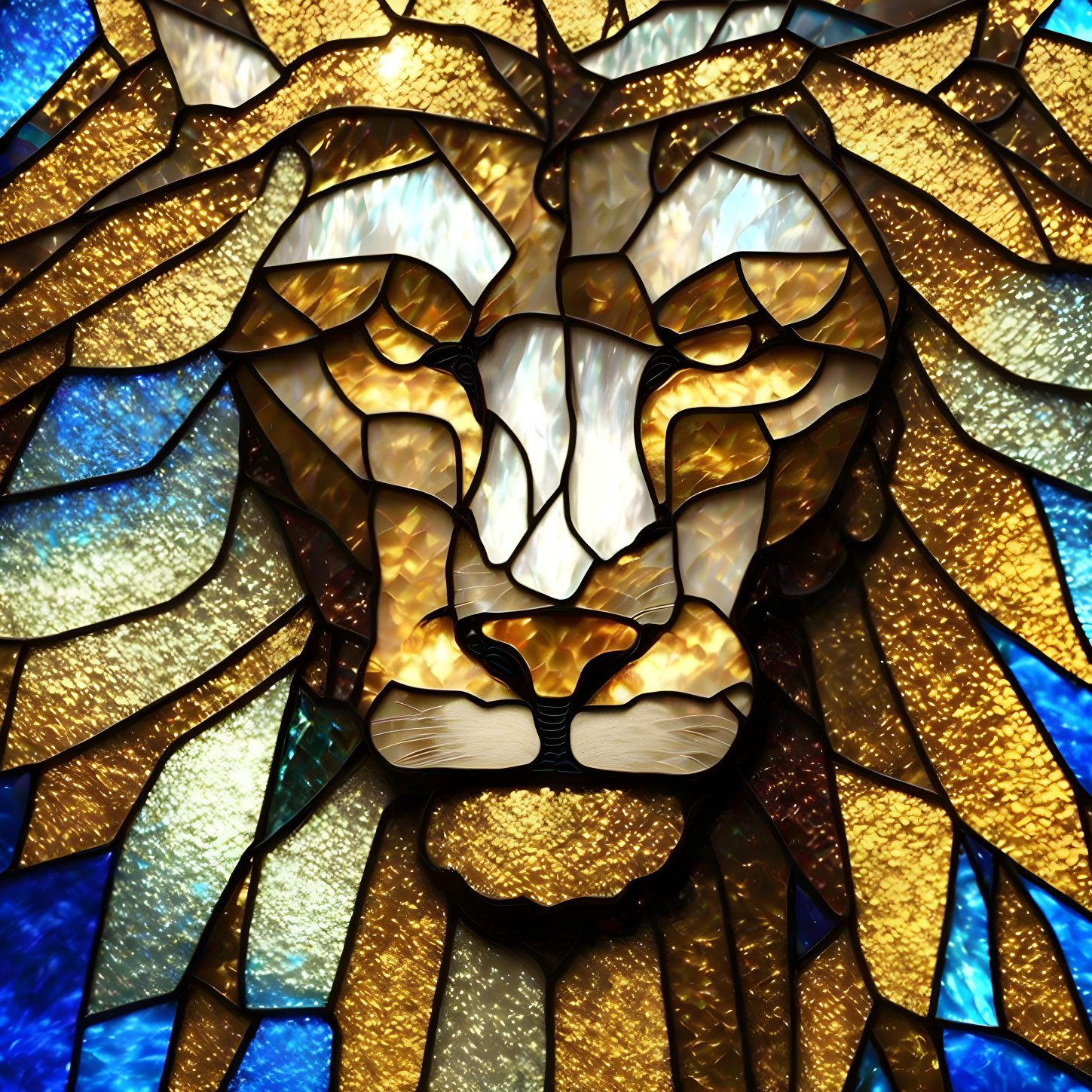 Stylized lion's face in golden and blue stained glass art