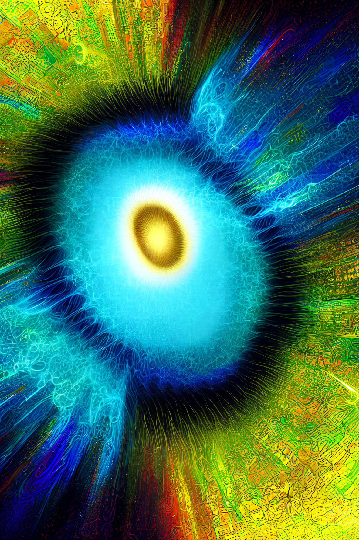 Digital artwork: Glowing blue iris with intricate electronic circuitry patterns