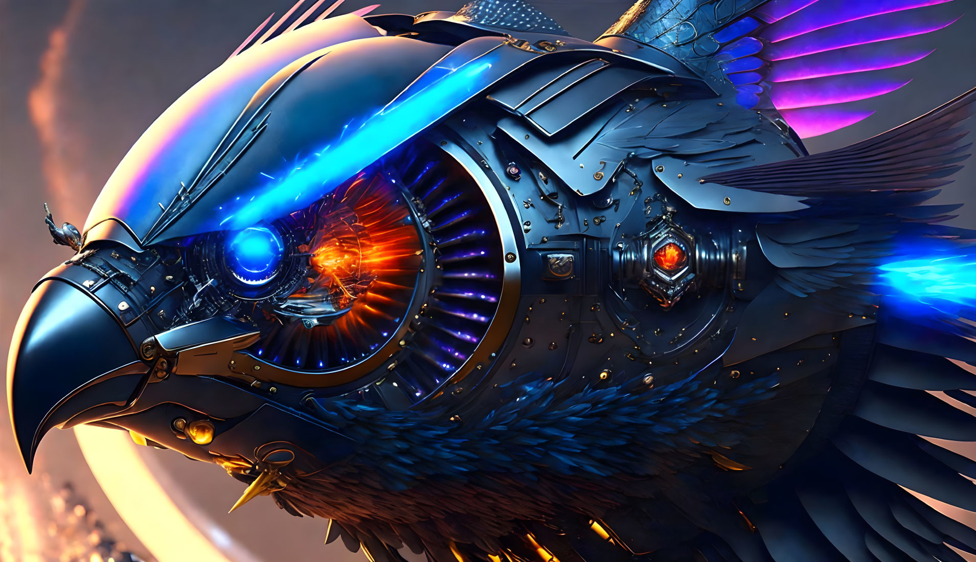 Detailed Mechanical Bird with Blue Feathers and Orange Eyes on Orange Background