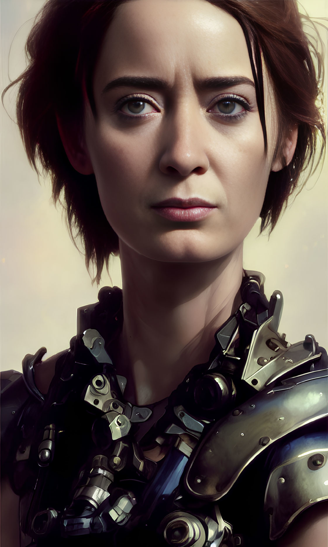 Digital portrait of woman with short brown hair and blue eyes in futuristic armor.