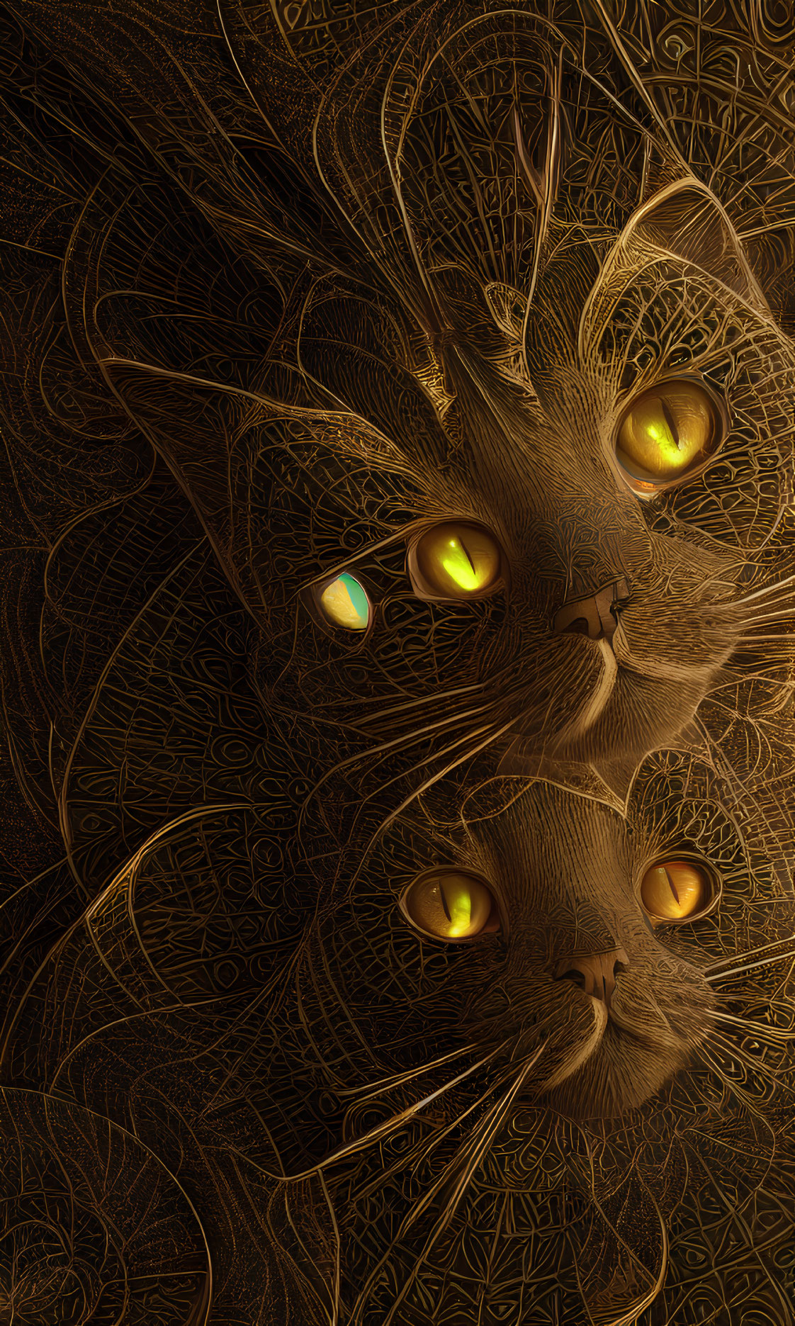 Golden linework creates stylized cat faces on dark background