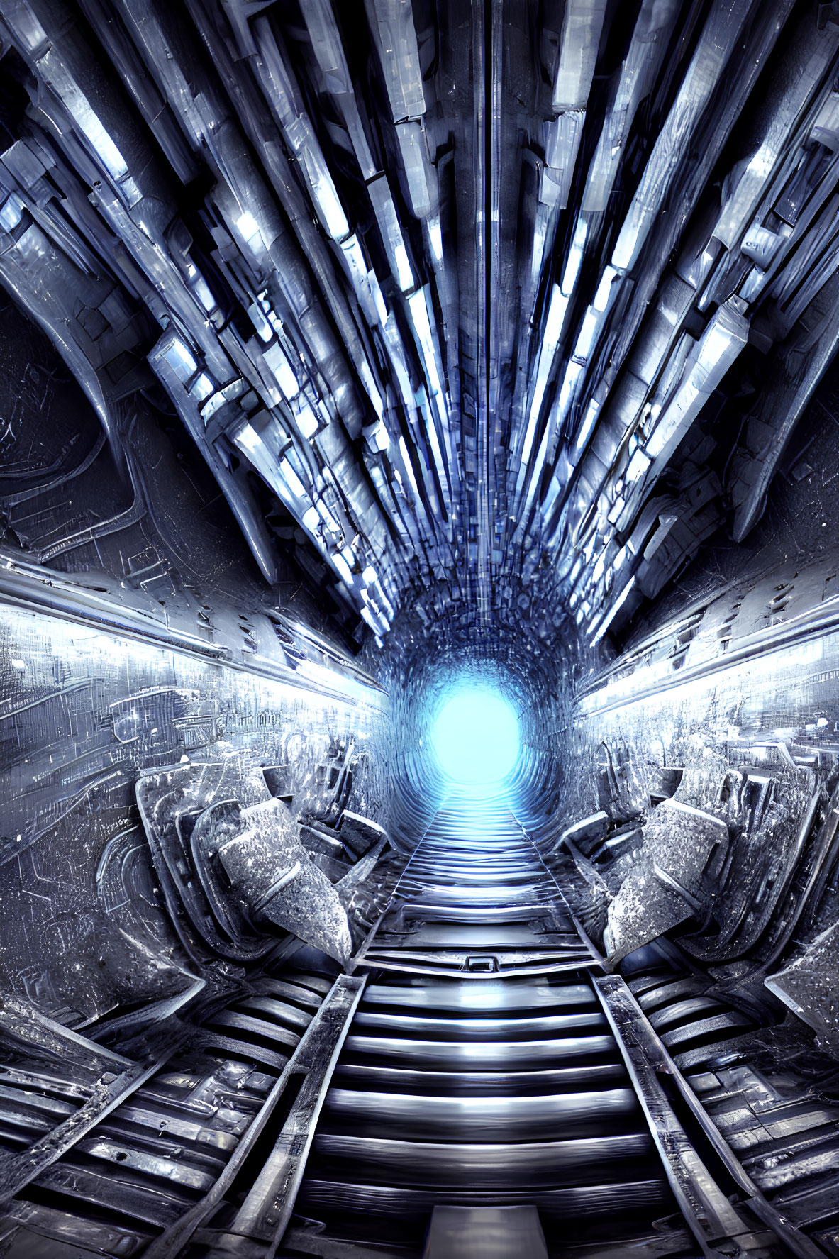 Futuristic tunnel with neon lights, machinery, and bright portal