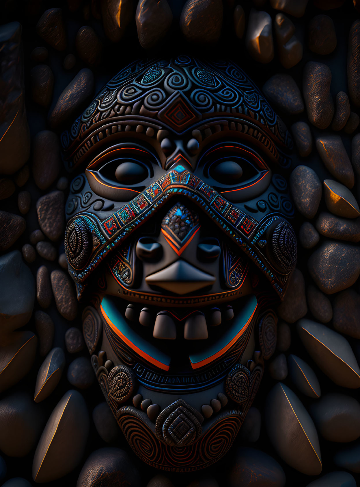 Colorful tribal mask with detailed patterns, set among dark stones