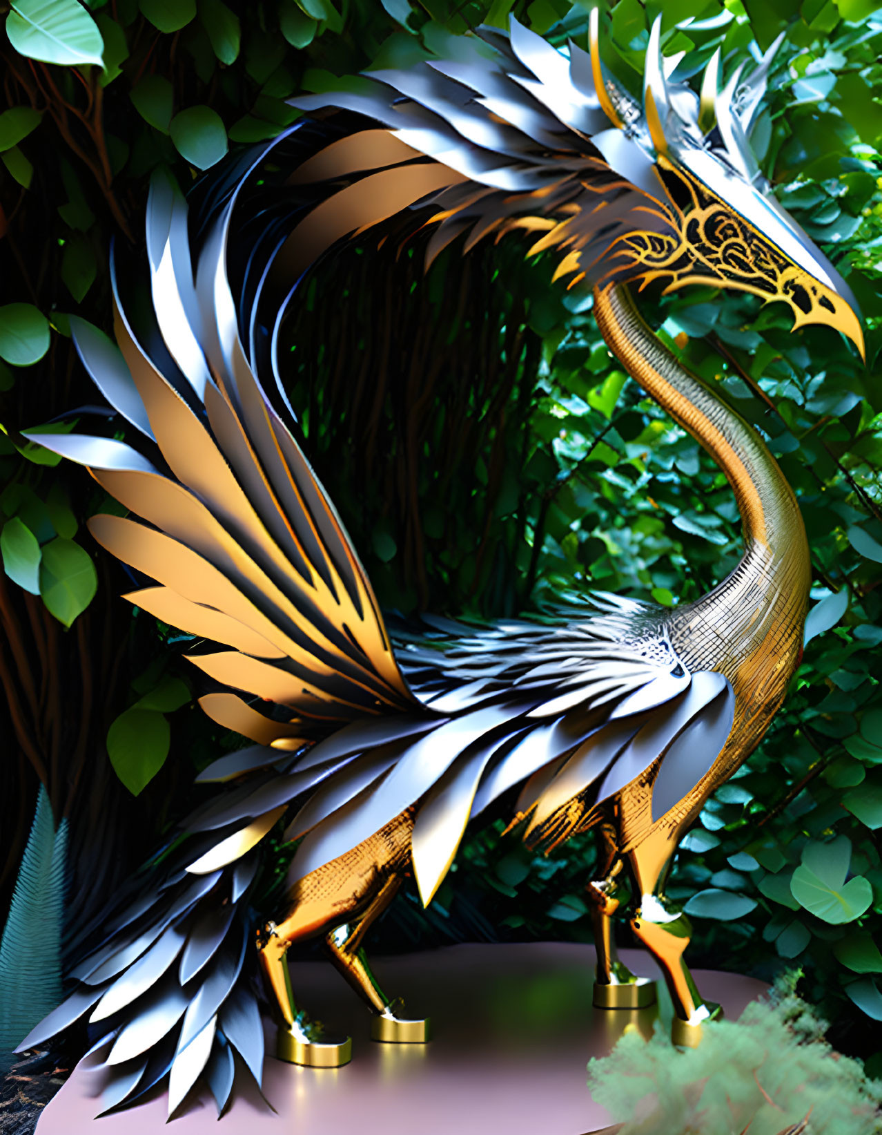 Majestic bird digital artwork with metallic feathers on green foliage