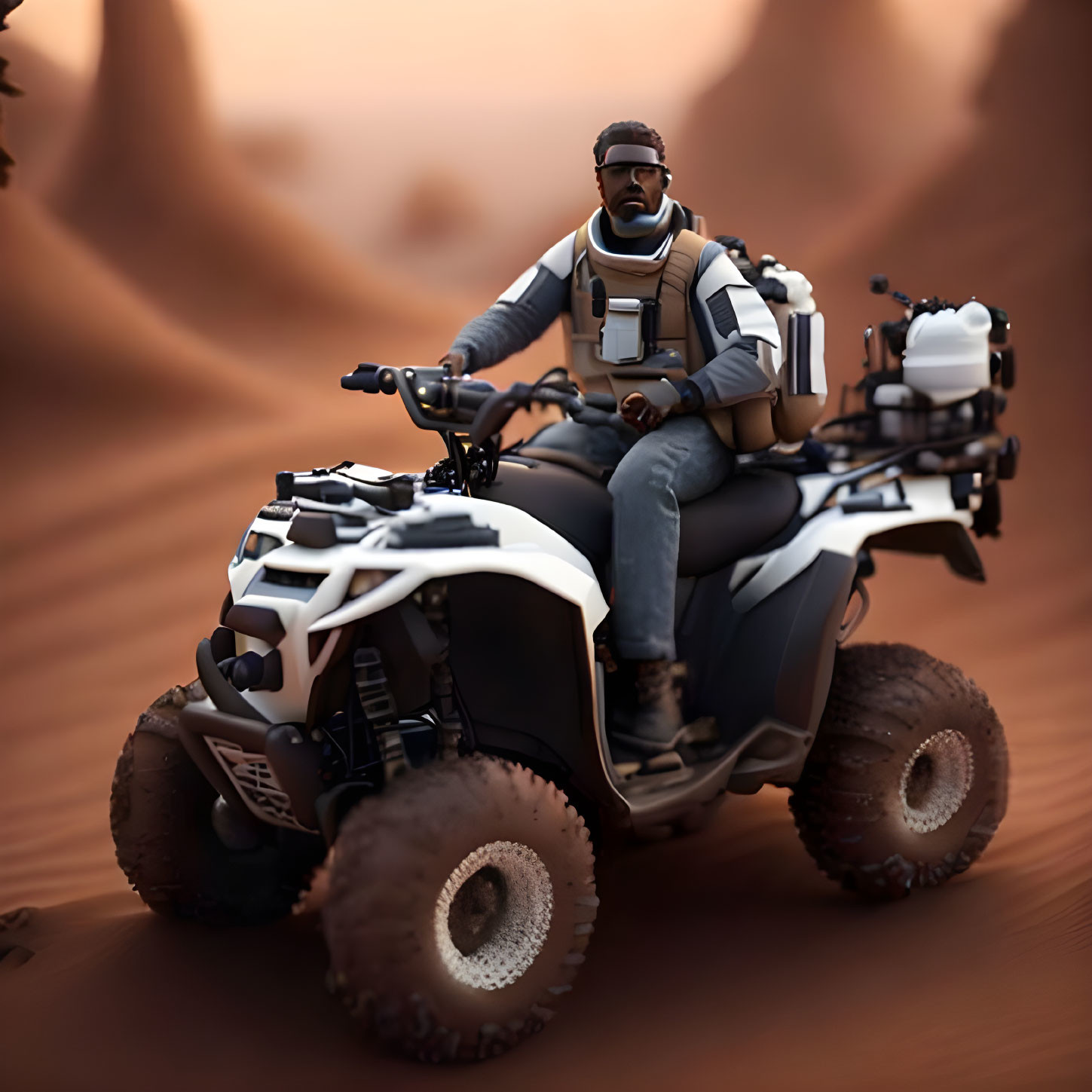 Person in tactical gear riding ATV in desert landscape