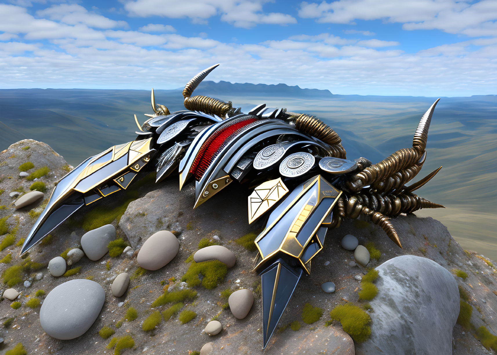 Detailed 3D illustration of futuristic armored bug on rocky outcrop