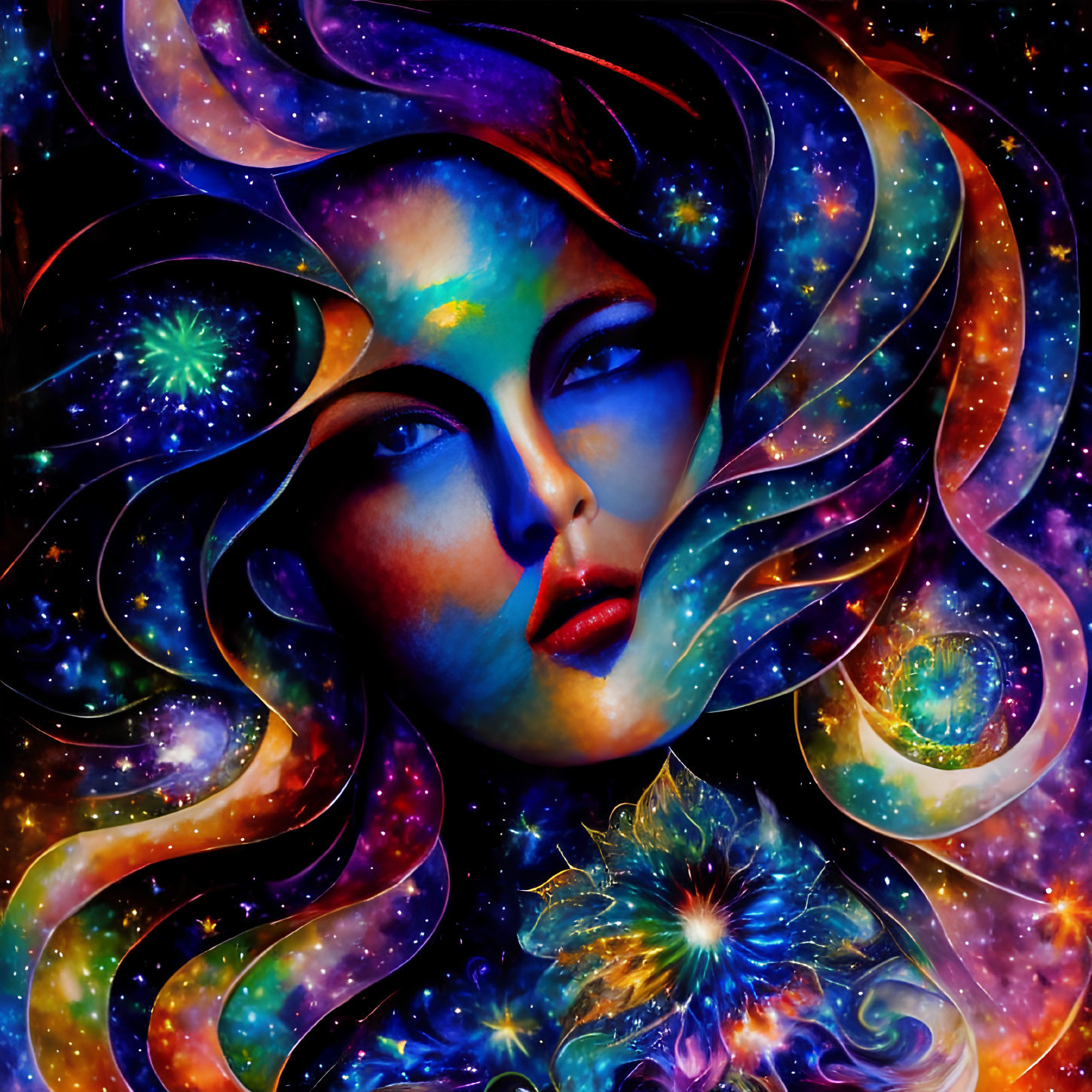 Colorful Woman's Face Artwork with Cosmic Background