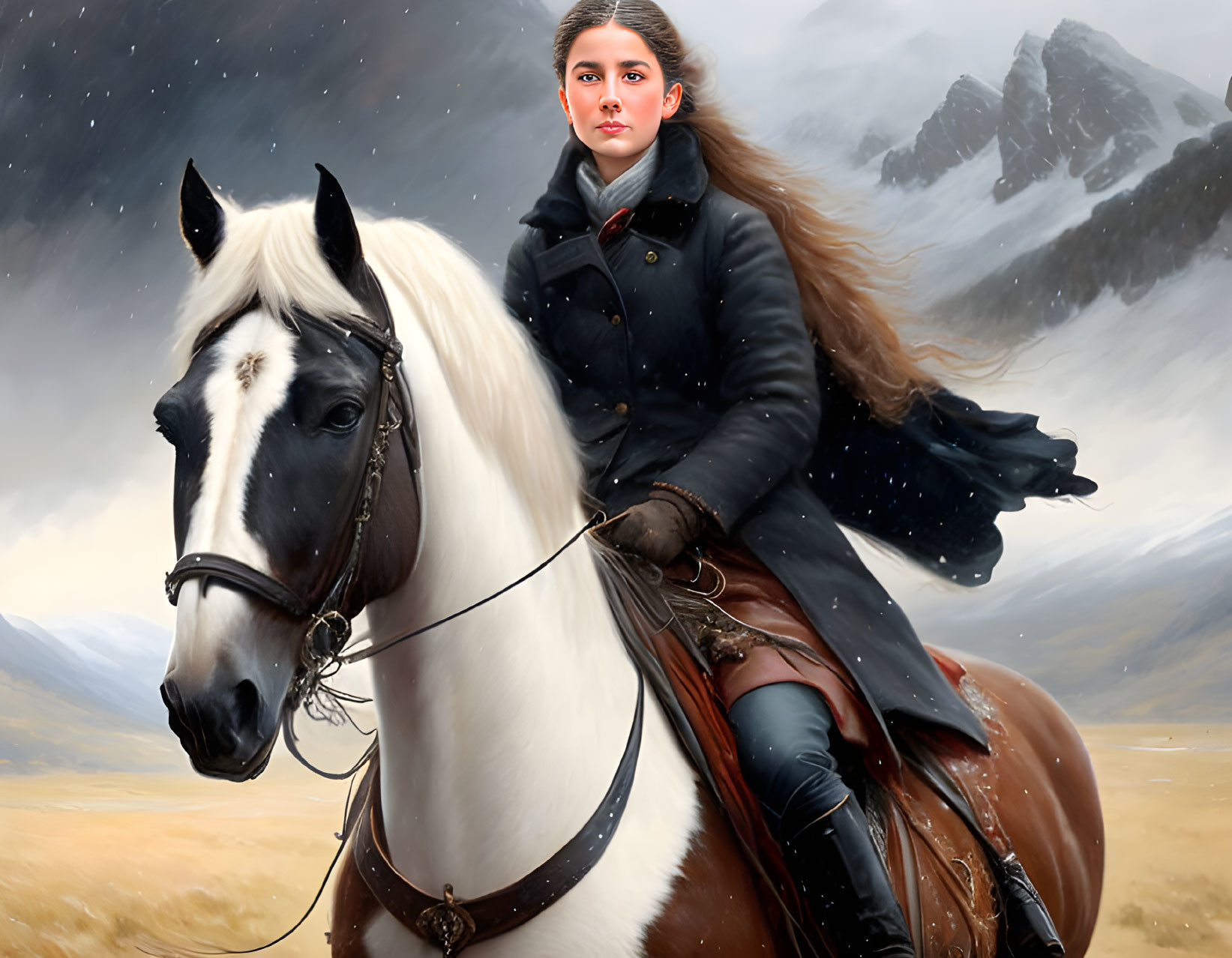 Young woman riding horse in snowy mountain landscape