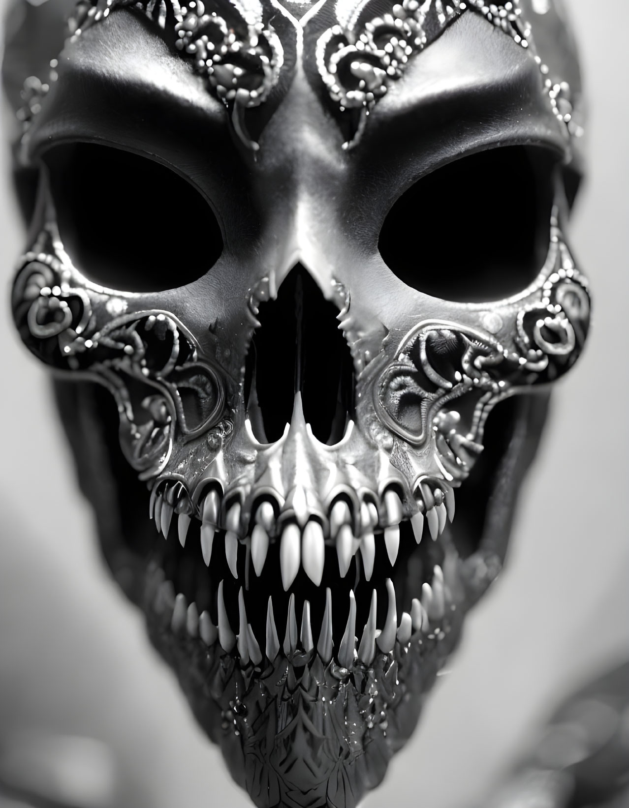 Detailed Silver Skull Mask with Ornate Patterns and Teeth Detailing