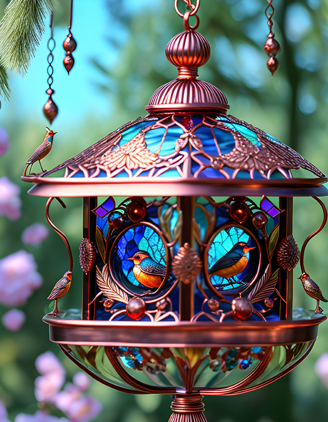 Bronze bird feeder with bluebird stained glass panels and real hummingbird in greenery