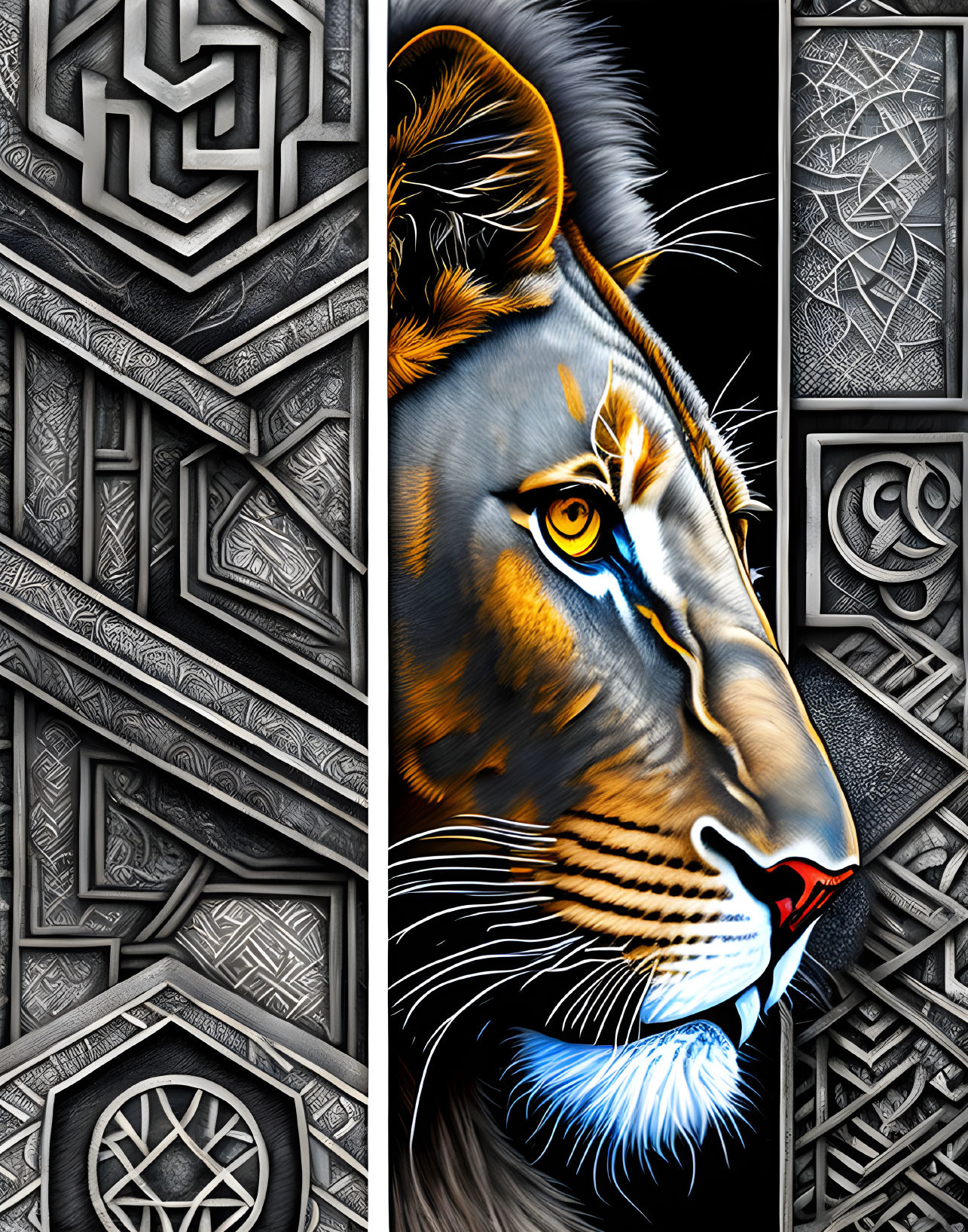 Detailed lion face with monochrome geometric patterns - Wildlife and abstract art contrast