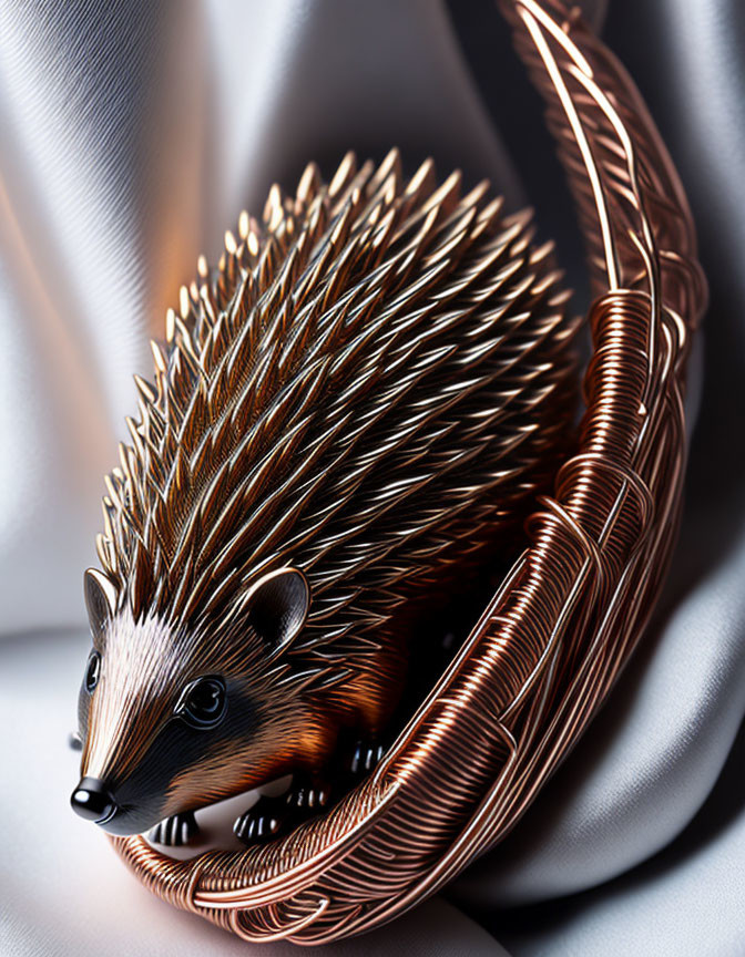 Detailed Digital Illustration: Hedgehog with Copper Wire Spines on Draped Fabric Background