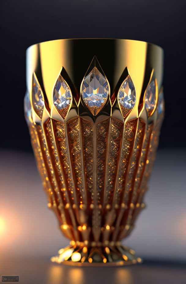 Golden goblet with intricate patterns and jewel inlays on dark background