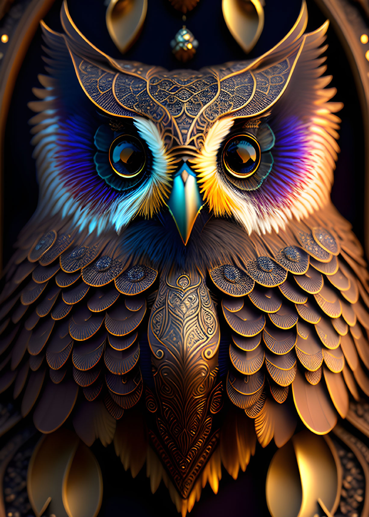 Colorful Owl Artwork with Blue Eyes on Ornamental Background