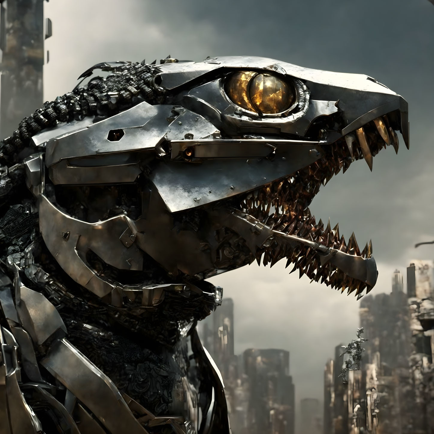 Menacing robotic dinosaur head with glowing yellow eye in dystopian city.