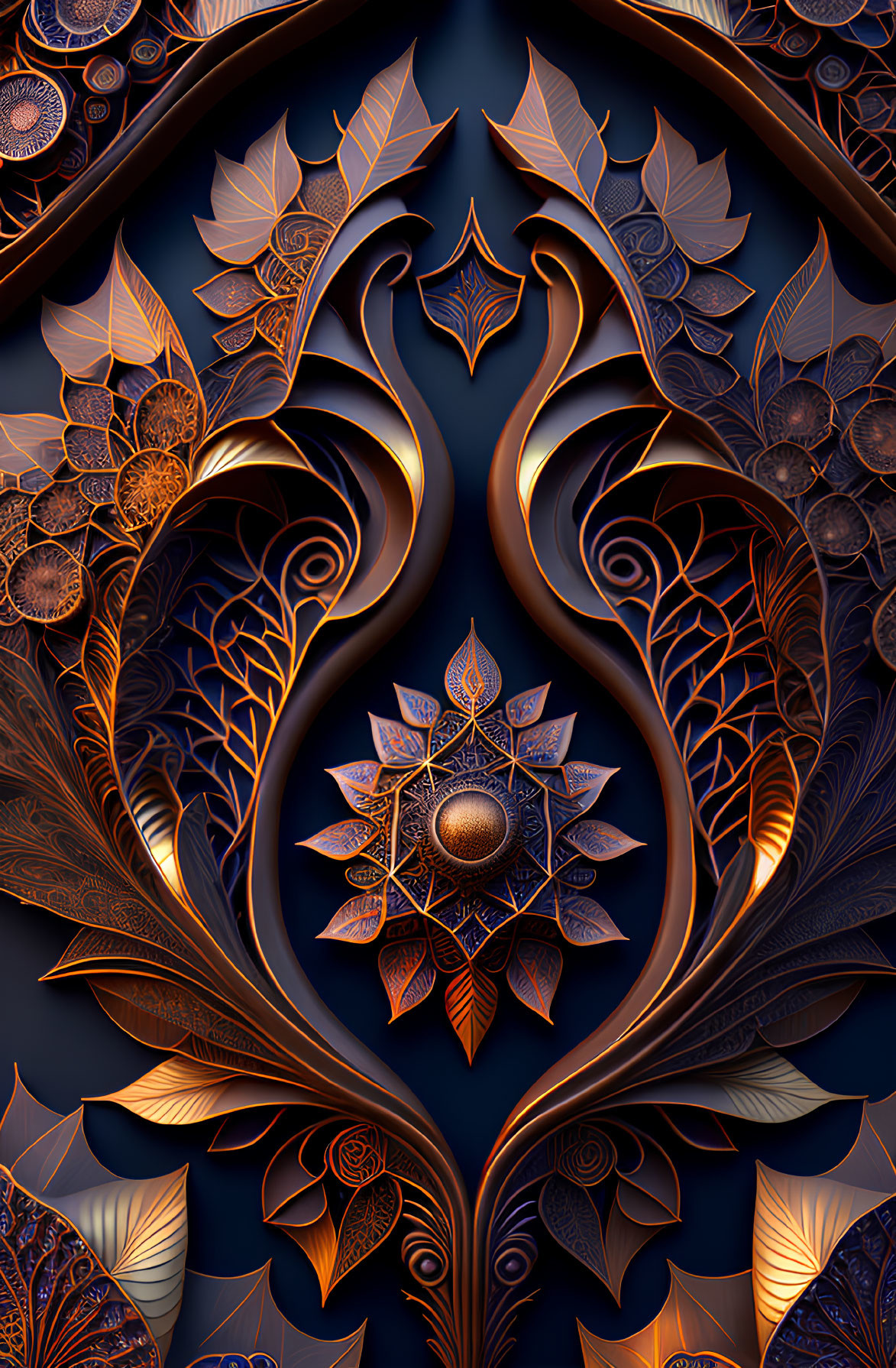 Detailed Copper Floral Mandala Design with Leaf Patterns on Dark Background