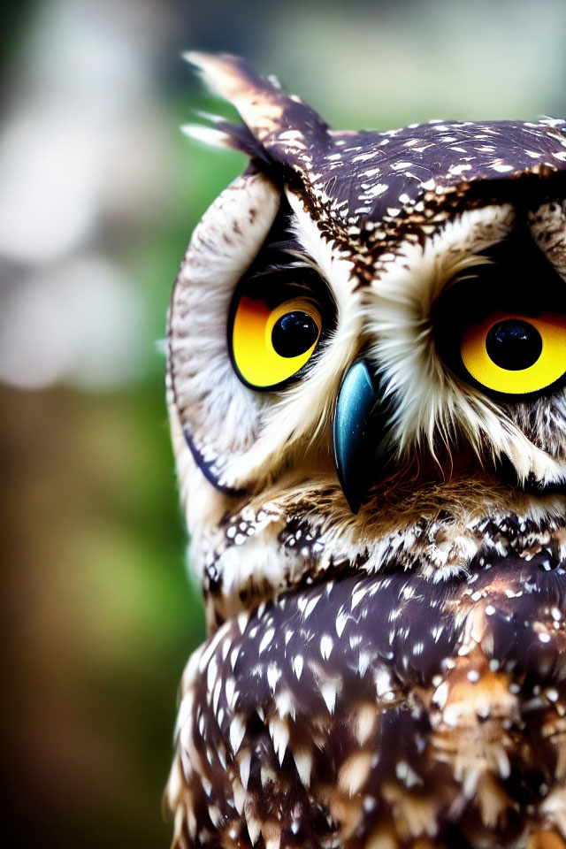 Detailed Close-Up of Owl with Yellow Eyes and Brown Feathers