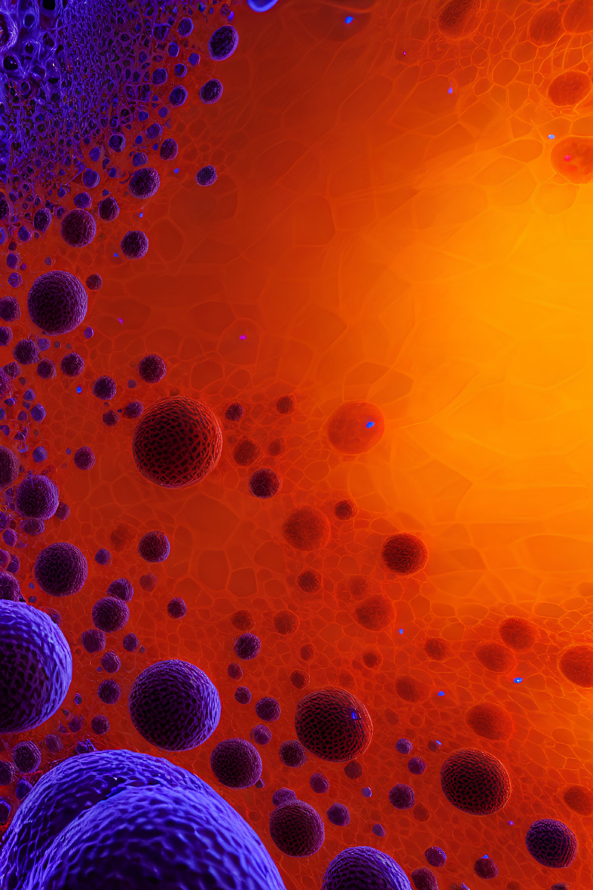 Vibrant purple and orange microscopic cells on luminous background