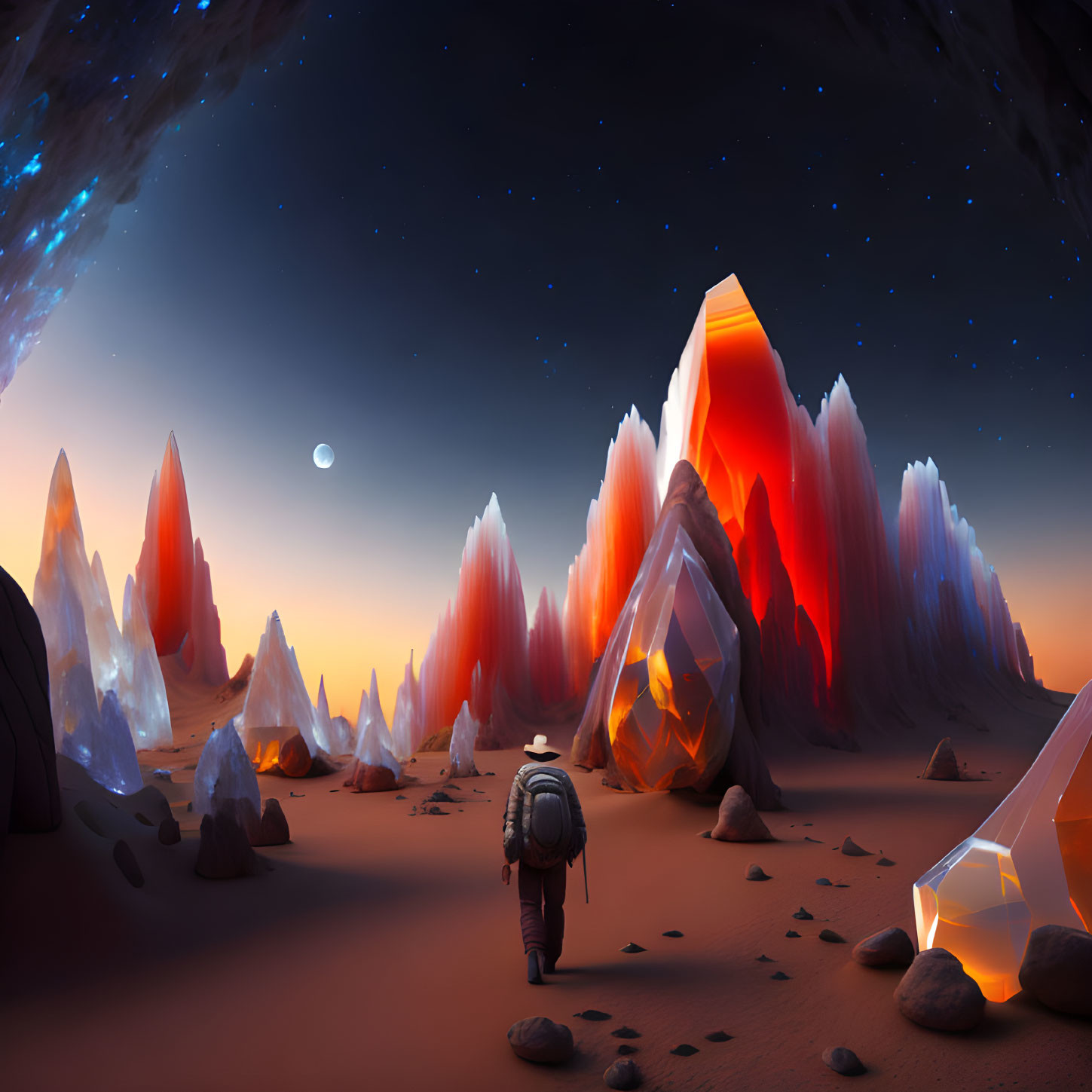 Backpacker walking to glowing crystal mountains on alien planet