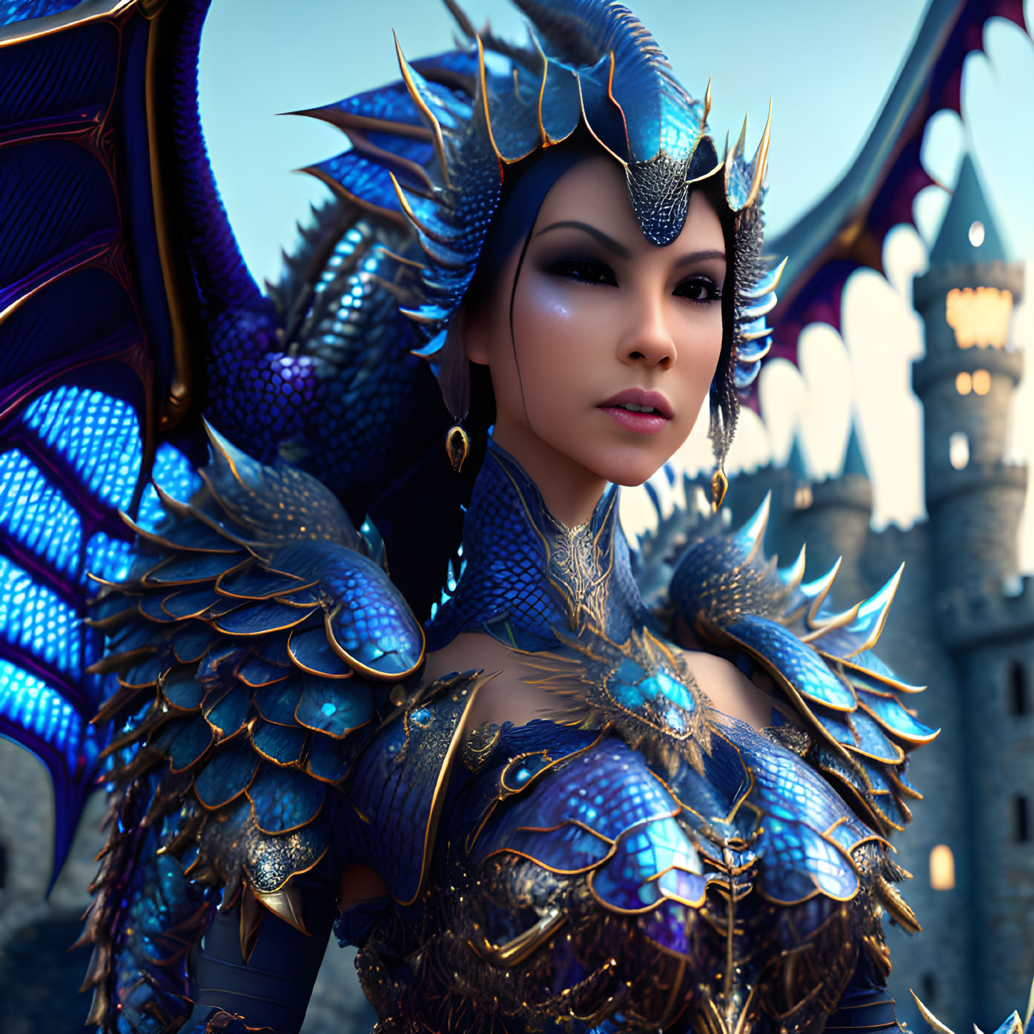 Fantasy CGI image: Woman in dragon-themed armor by castle.