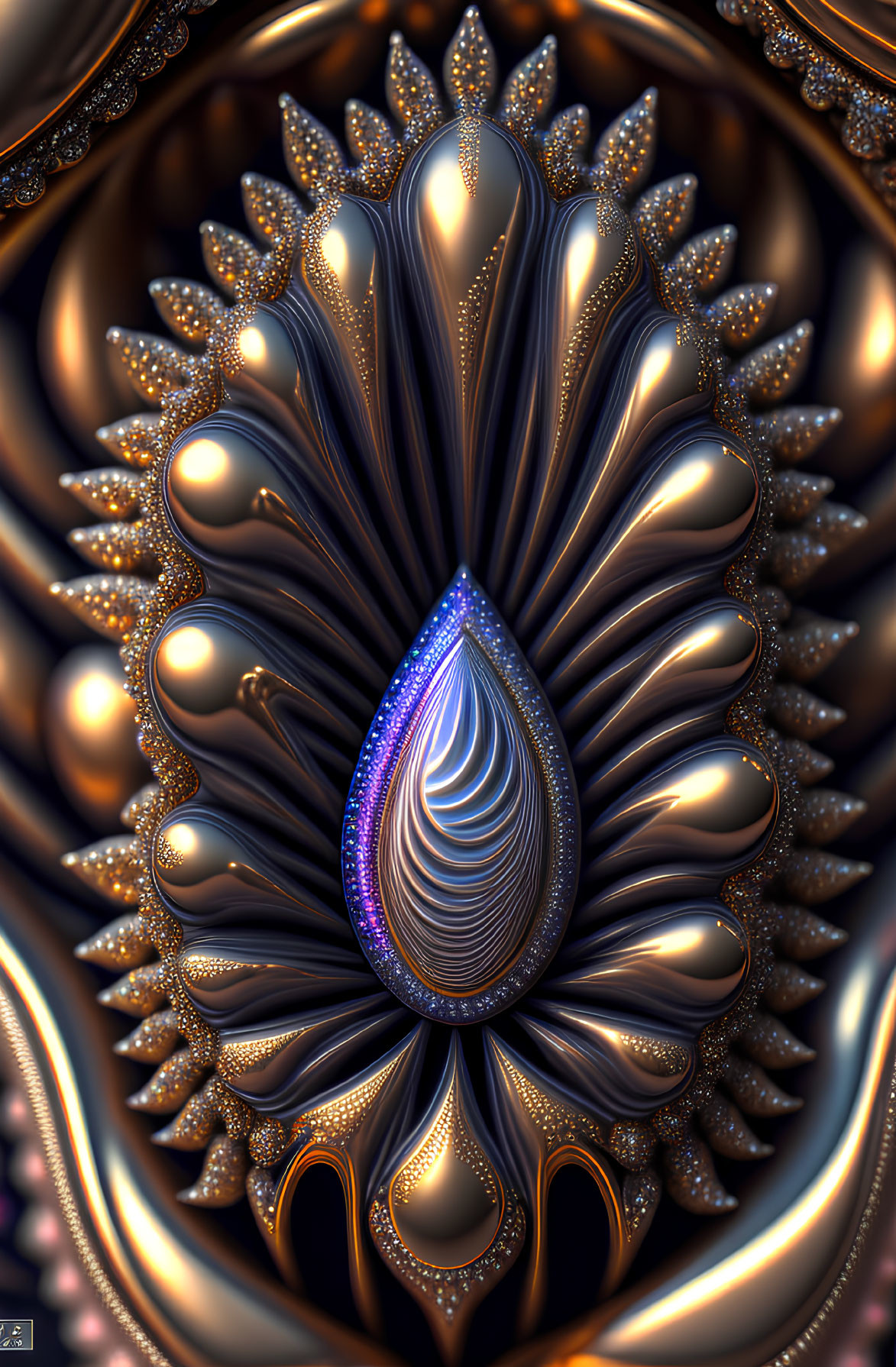 Detailed Fractal Image: Peacock Feather Design with Iridescent Blues