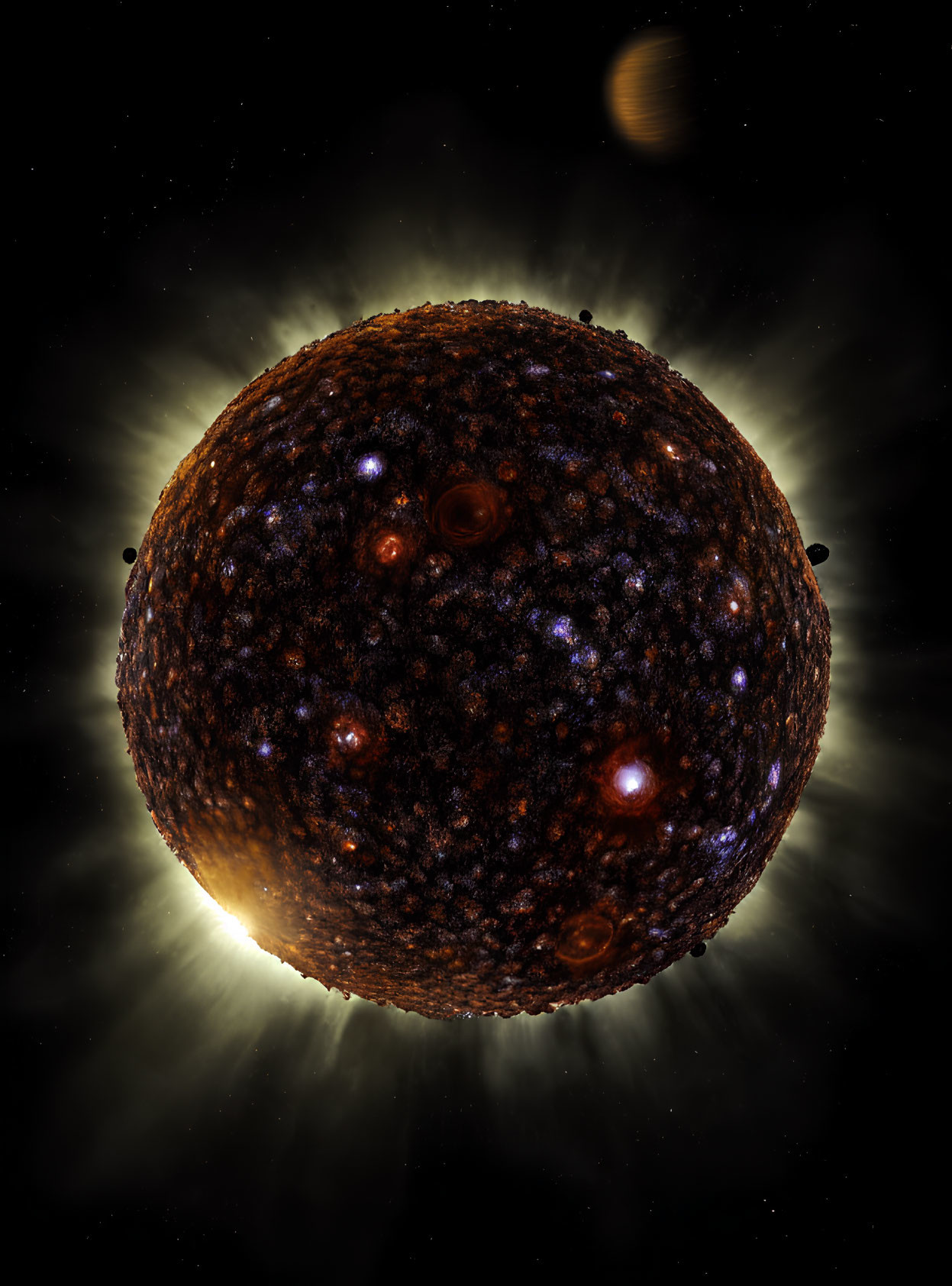 Textured Orange and Blue Glowing Celestial Body in Bright Halo