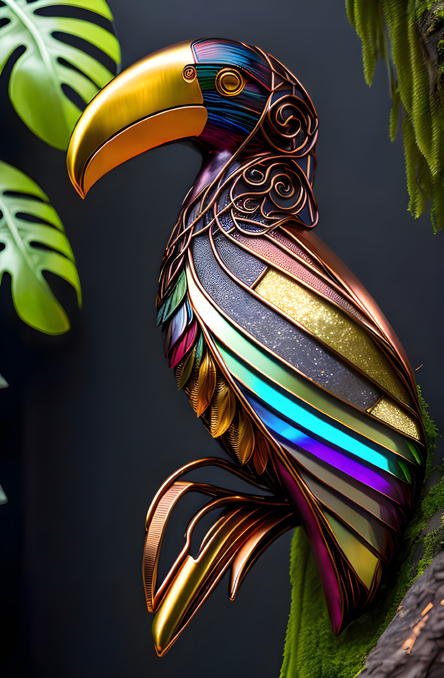 Colorful Toucan Sculpture on Branch with Green Leaves