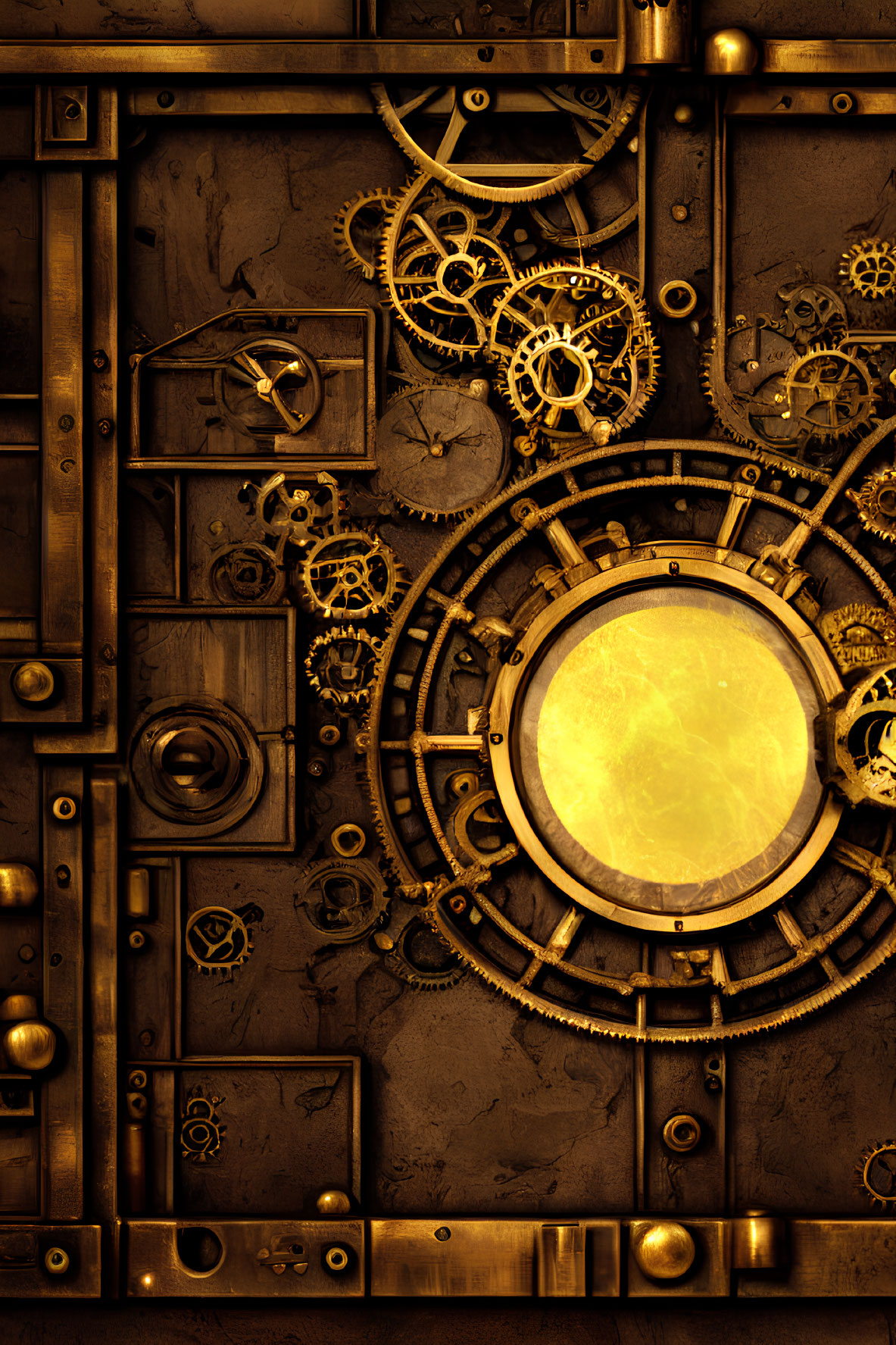 Steampunk-style door with bronze and gold gears and circular viewport