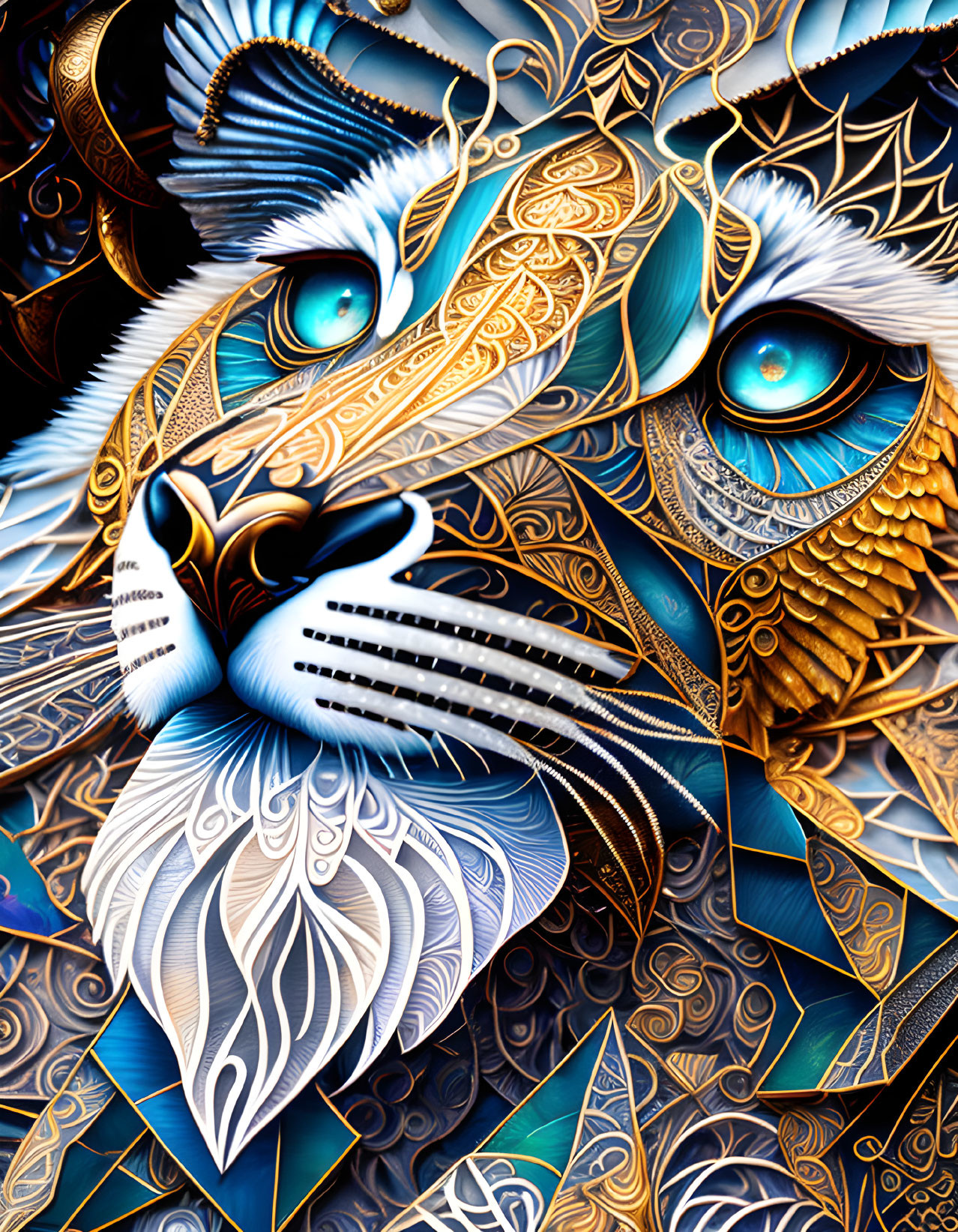 Colorful digital artwork of intricate, fantastical creature with feline features