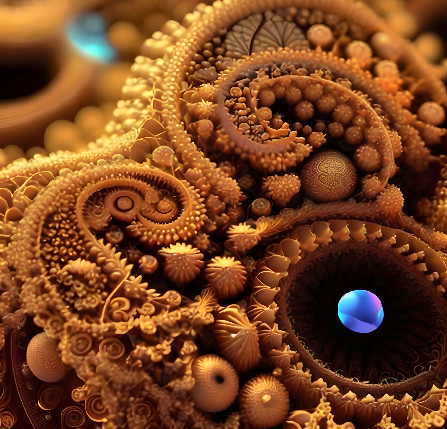 Intricate Spiral Fractal Image with Warm Brown Tones and Blue Sphere