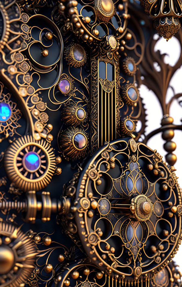 Detailed Steampunk-Inspired Design with Metalwork, Gears, and Gemstones