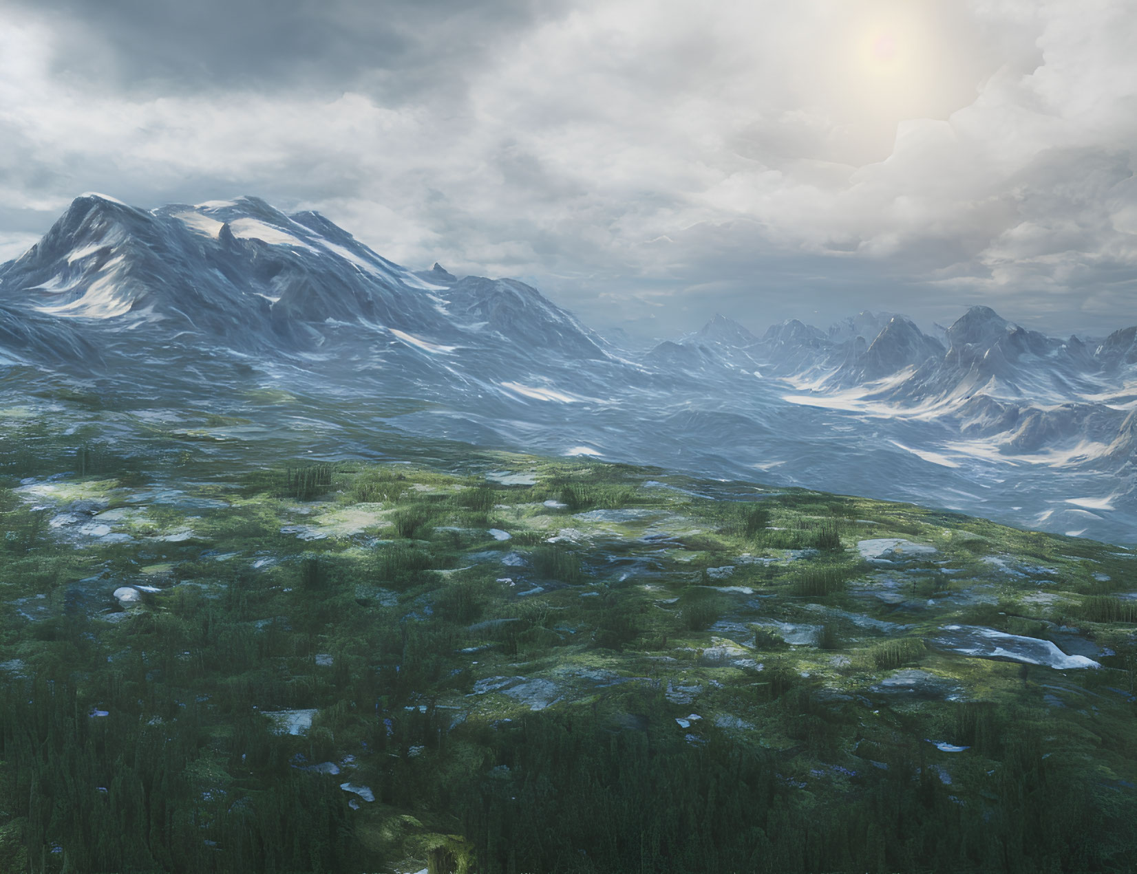 Snow-capped mountains and green meadow landscape under hazy sun