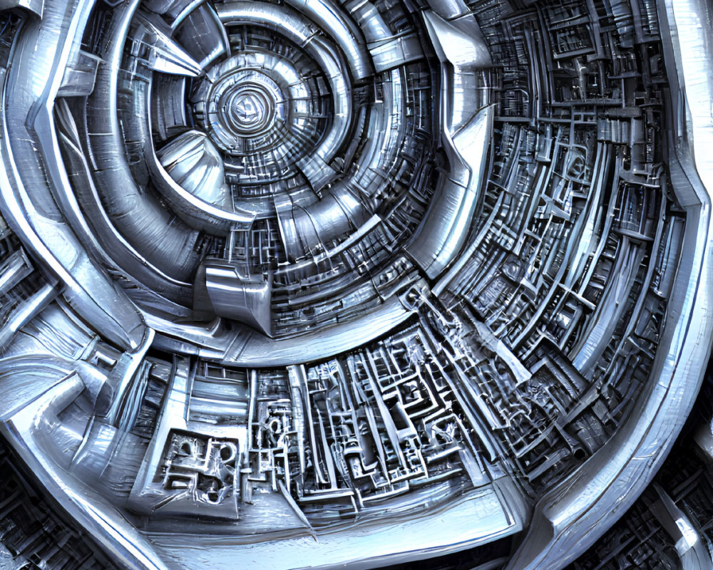 Intricate metallic fractal image with circular sci-fi pattern