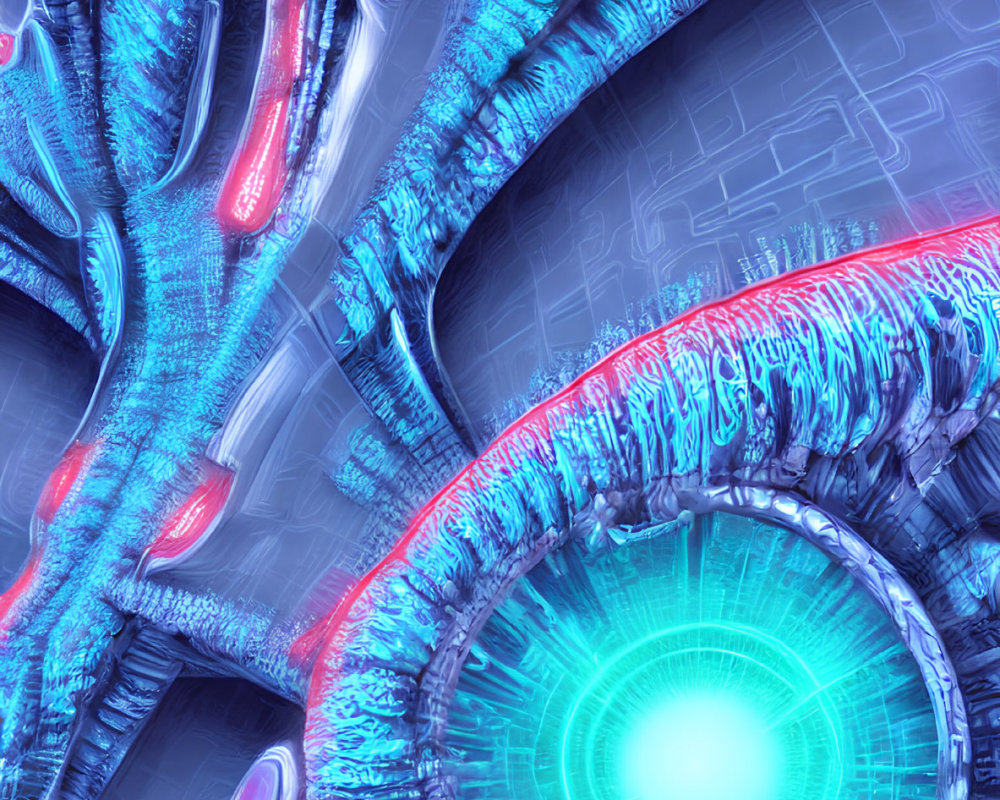 Futuristic organic corridor with blue and pink glow