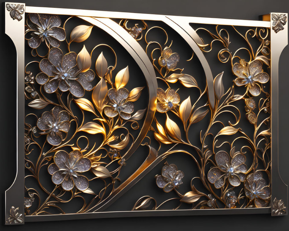 Golden floral panel with embedded jewels on dark background and silver corners.