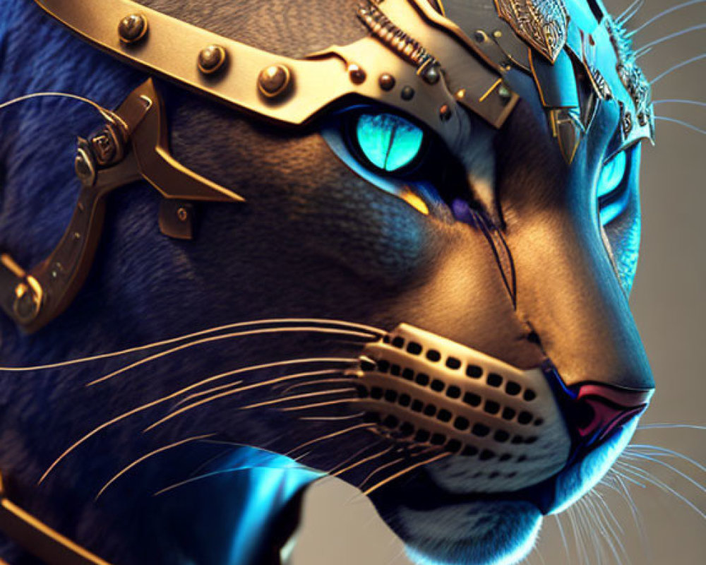 Blue Fur Cat in Gold and Silver Armor with Detailed Helmet