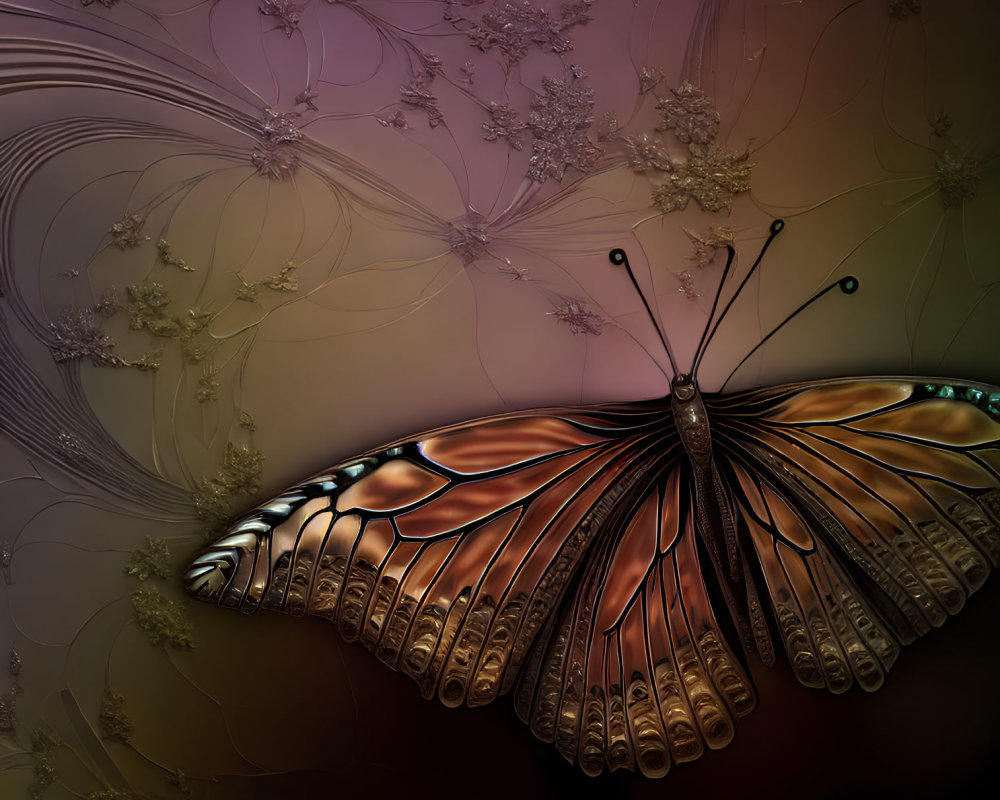 Digital artwork of butterfly with fractal wings on abstract dark background