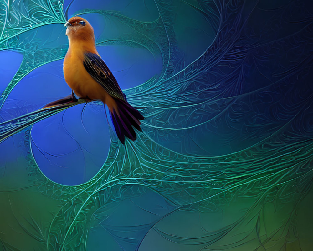 Bird perched on swirl in vibrant blue and green fractal pattern.