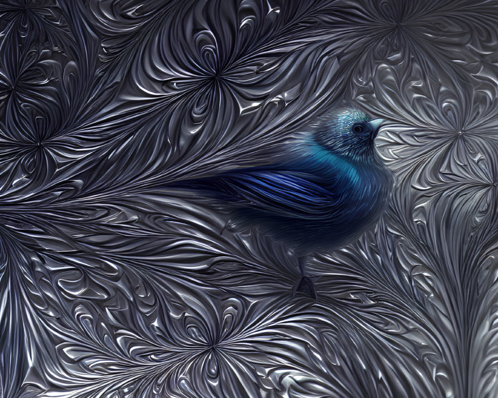 Blue bird perched on textured background with dark swirls and feather-like patterns