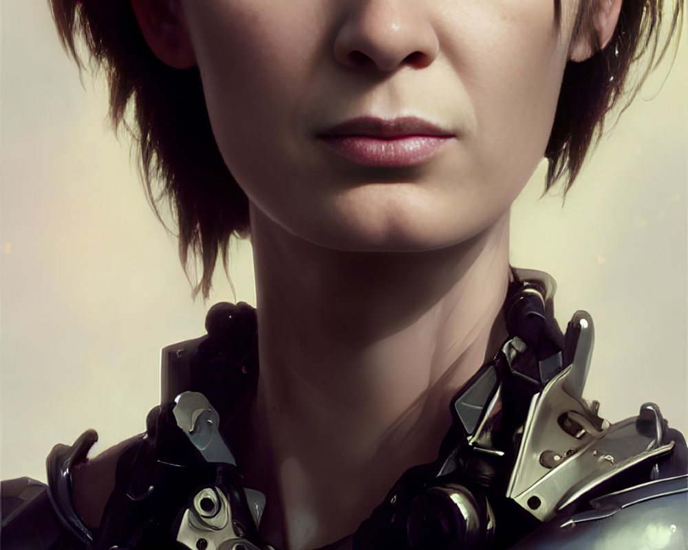 Digital portrait of woman with short brown hair and blue eyes in futuristic armor.