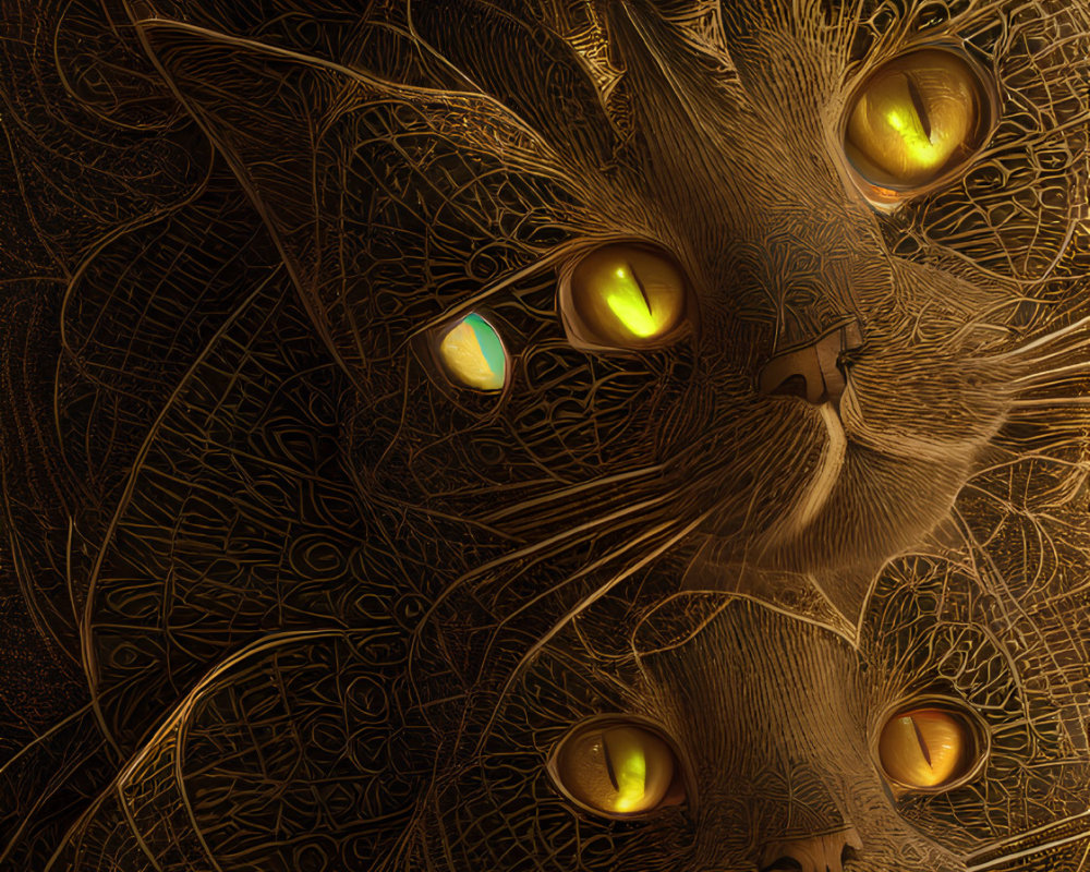 Golden linework creates stylized cat faces on dark background