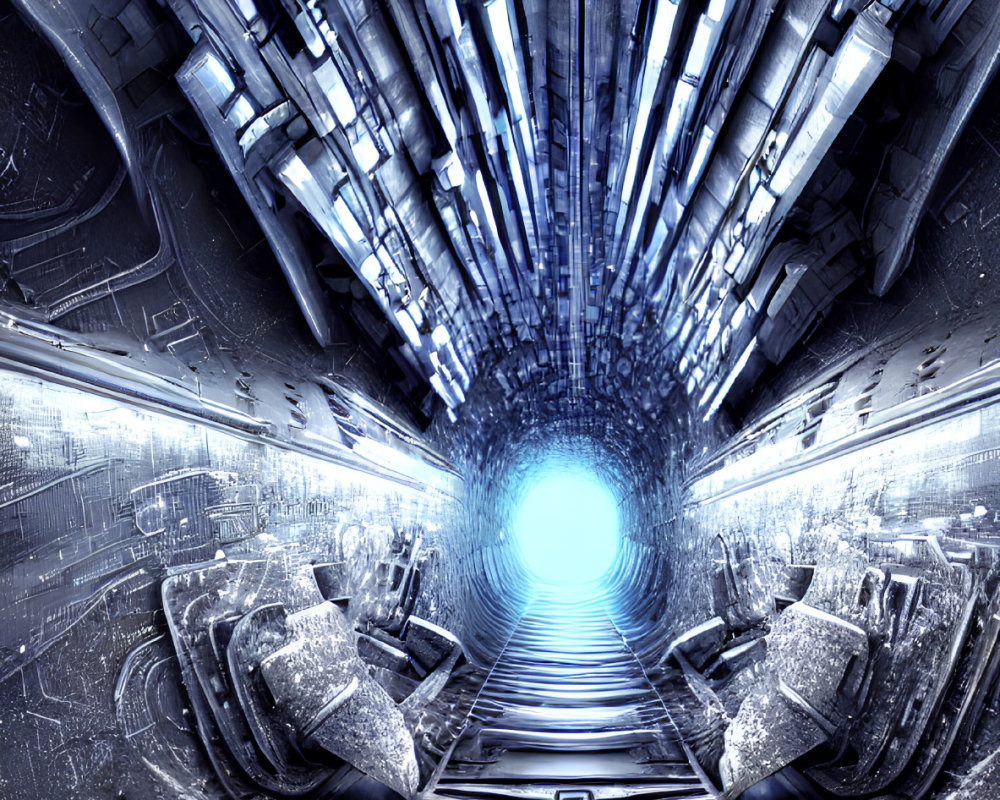 Futuristic tunnel with neon lights, machinery, and bright portal