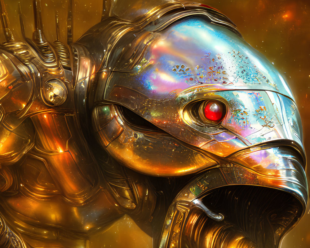 Detailed image of mechanized creature in golden armor with red eye on cosmic backdrop