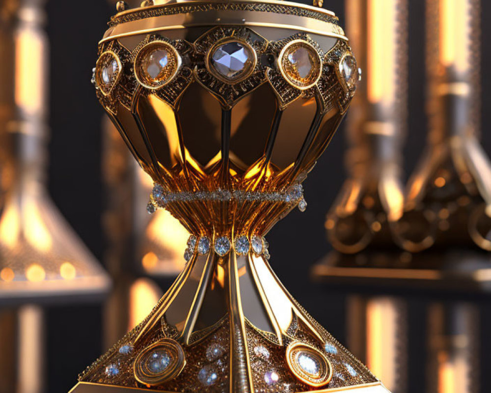 Golden trophy with jewels and intricate patterns on glossy surface