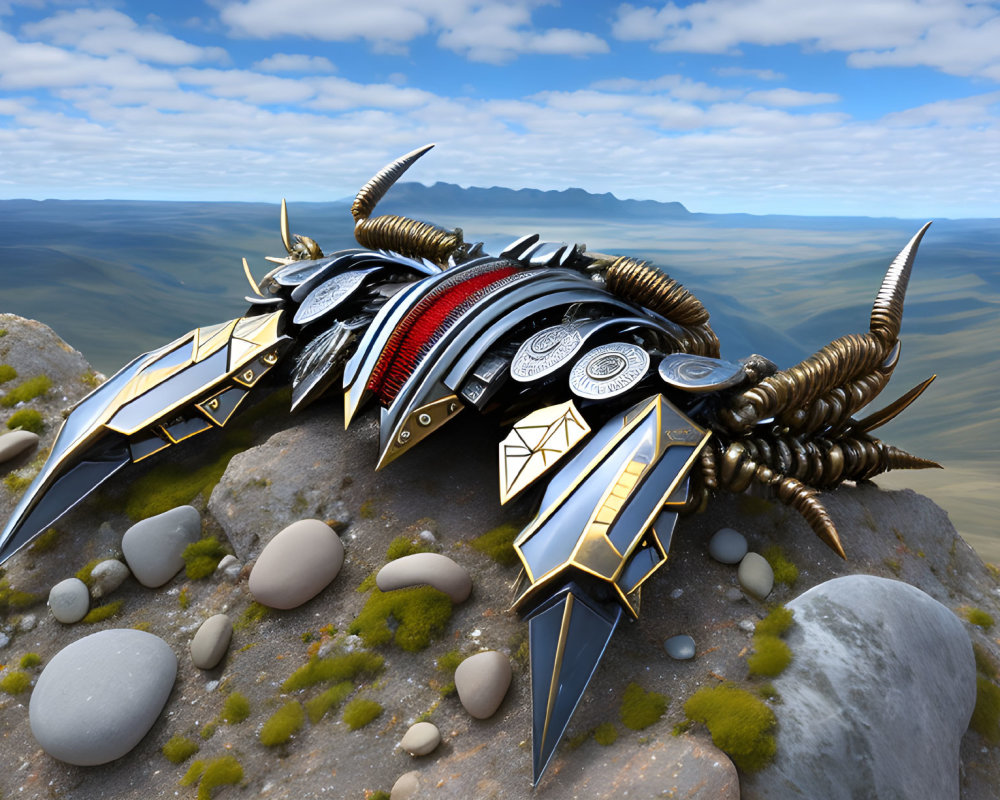 Detailed 3D illustration of futuristic armored bug on rocky outcrop