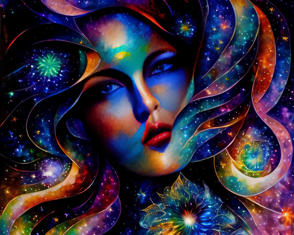 Colorful Woman's Face Artwork with Cosmic Background